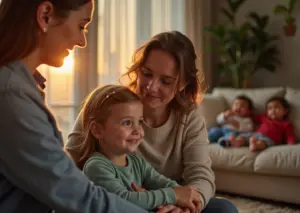 Застенчивый ребенок получает поддержку от родителей и психолога на фоне играющих детей