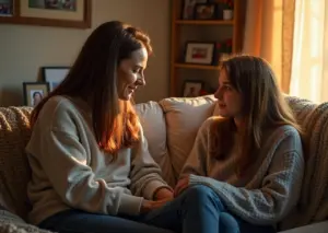 Родитель и подросток доверительно общаются в домашней обстановке