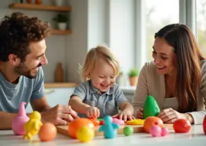 Малыш лепит из цветного пластилина и соленого теста с помощью родителей на ярком столе