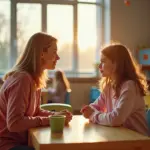 Родитель и воспитатель обсуждают поведение ребенка в детском саду, в фоновом режиме дети играют мирно