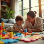 Родитель и ребенок играют в развивающие логические игры дома, яркая и уютная обстановка