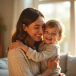 Родитель обнимает счастливого уверенного в себе ребенка в домашней уютной обстановке символизирующей здоровое развитие самооценки